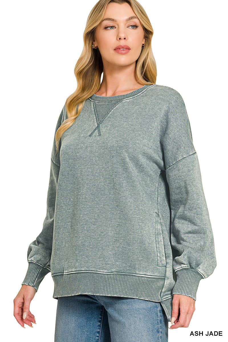 Washed Fleece Hi Low Hem Pullover Zenana