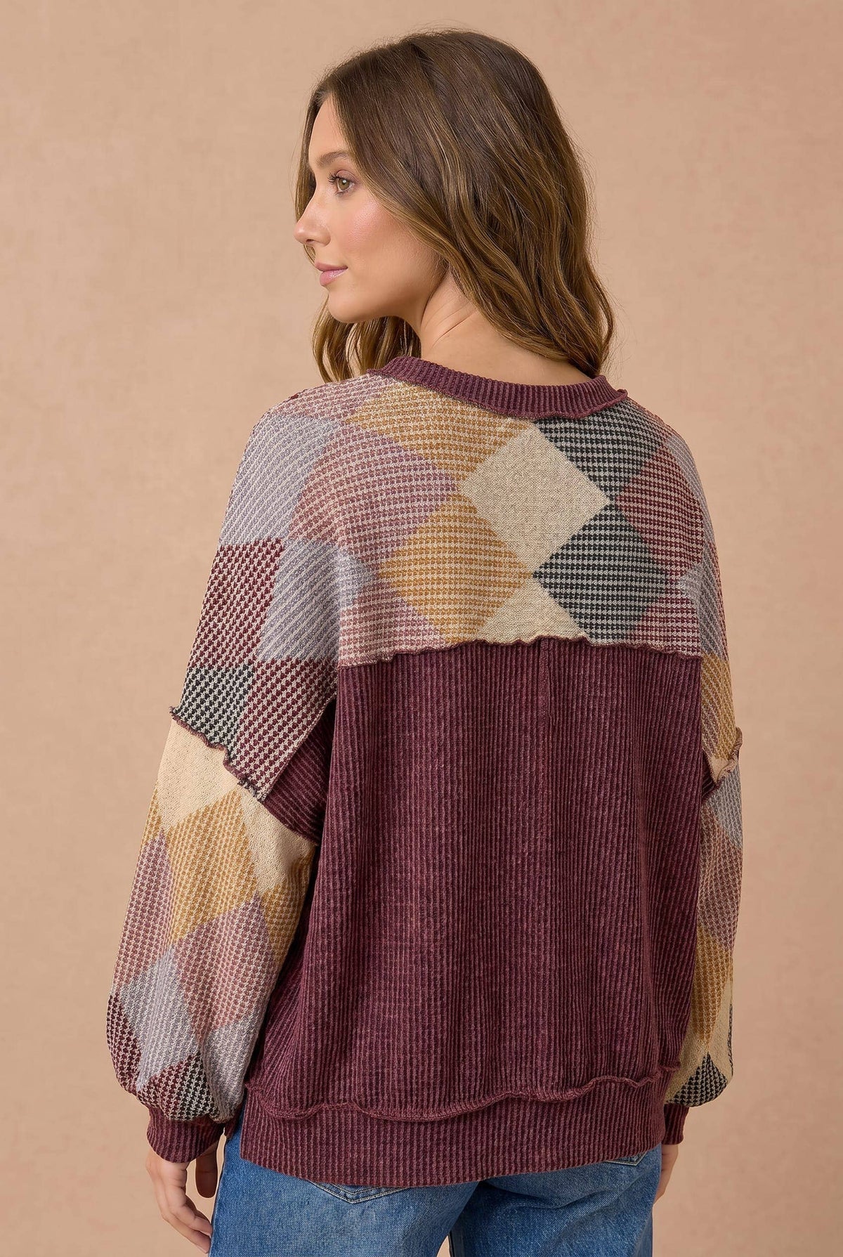 Argyle Waffle Wave Rib Banded Hem Pullover