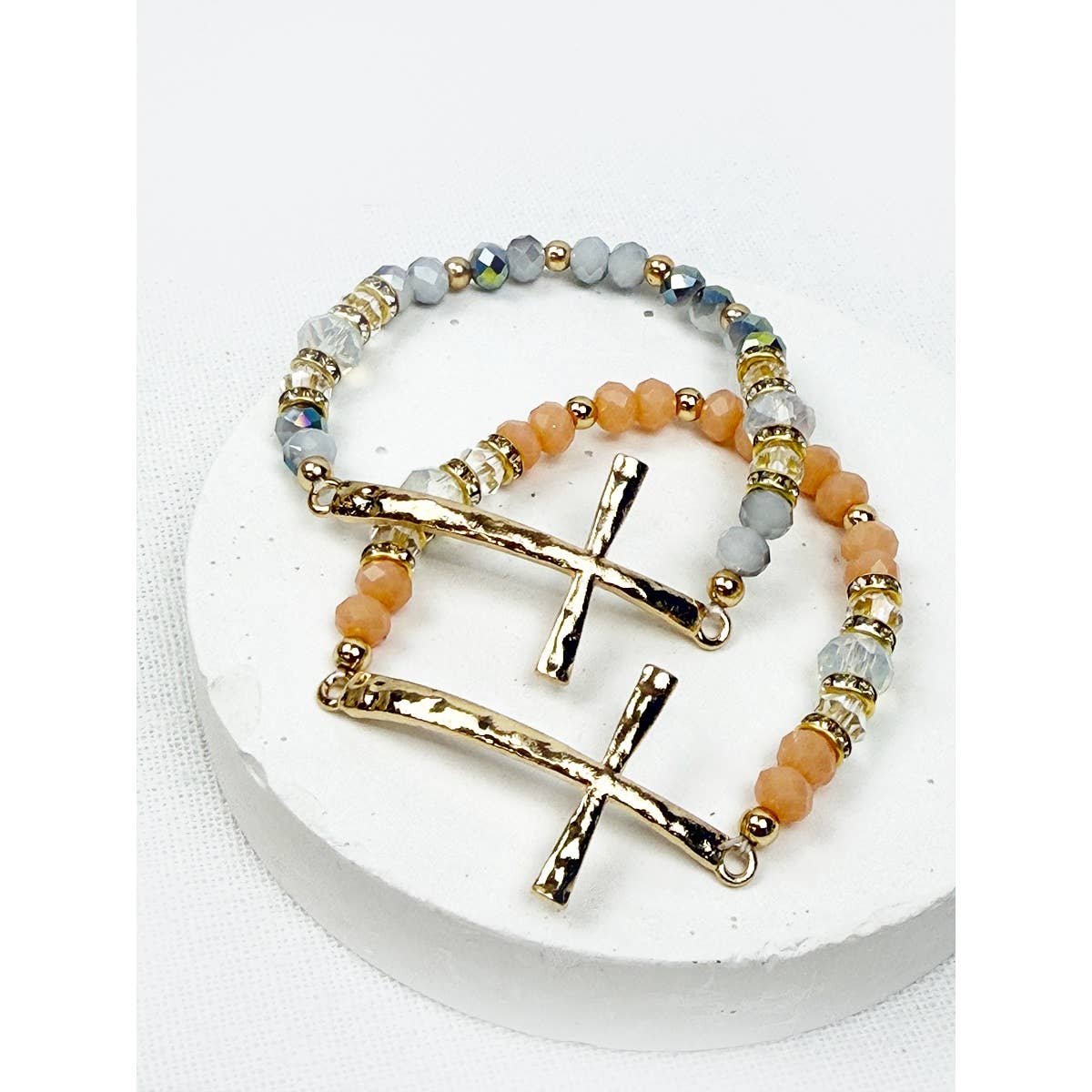 Hammered Cross Bead Stretch Bracelet