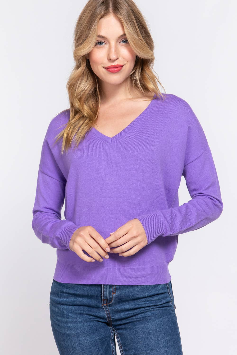 Long Sleeve V-neck Back Cross Strap Viscose Sweater