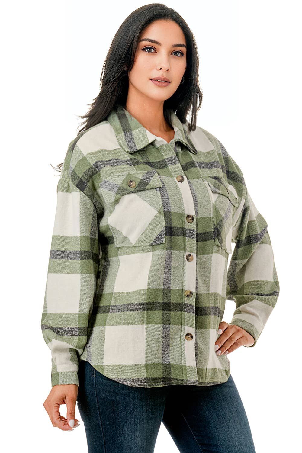 Fur lined plaid flannel shirt jacket shacket with pockets