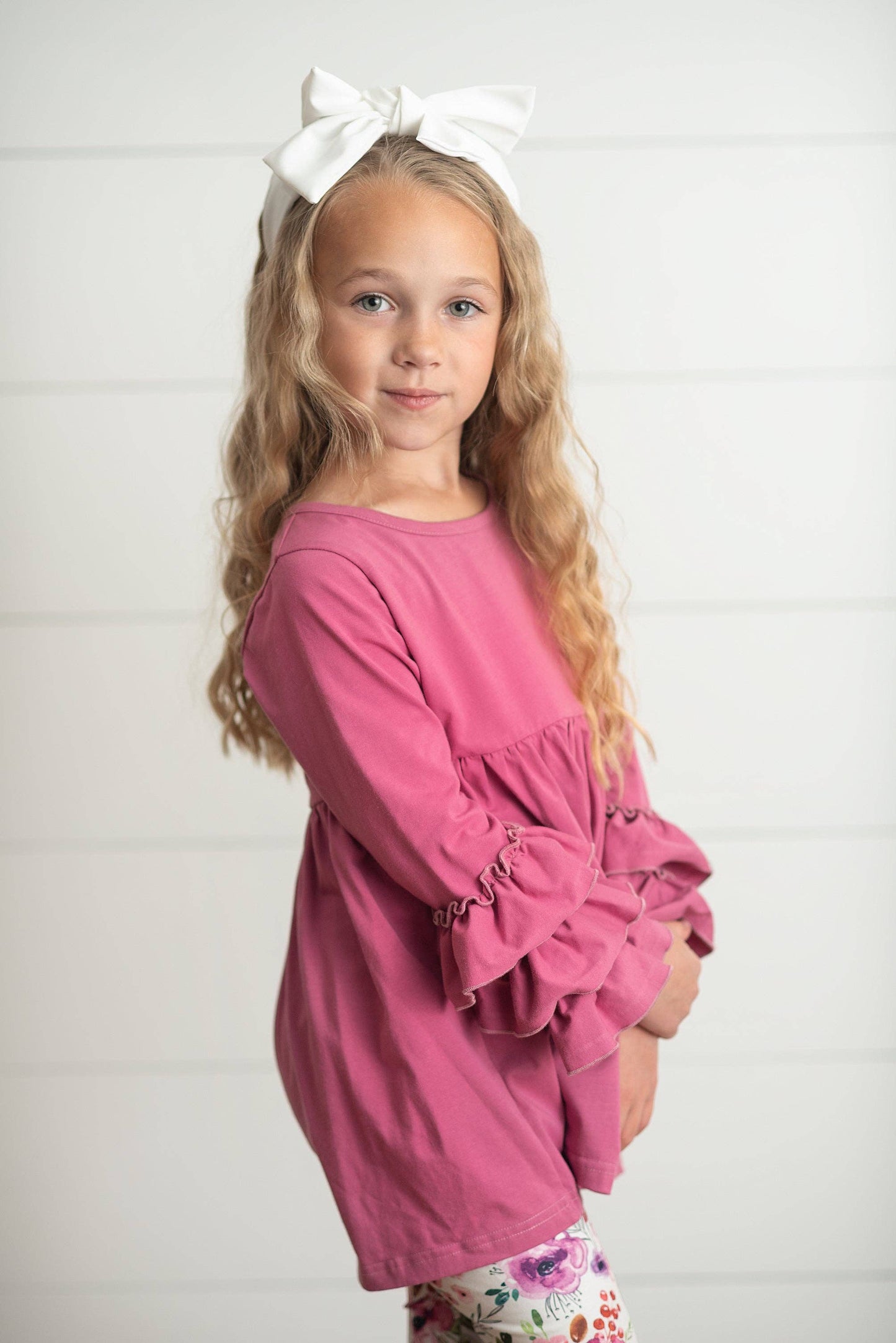 Kids Plum Floral 3 Ruffles Shirt & Leggings Set