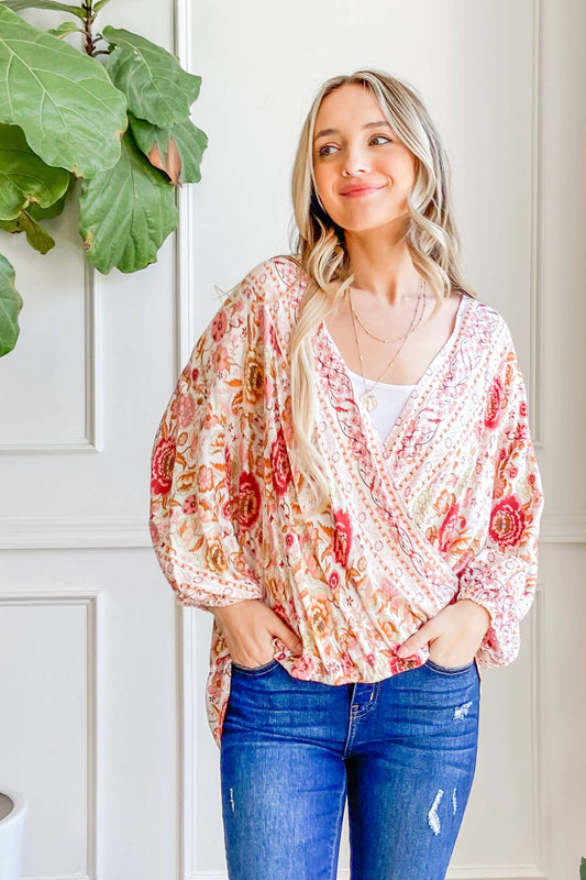 ATW13094 - Overlap Unbalance Floral Print Wrap Top