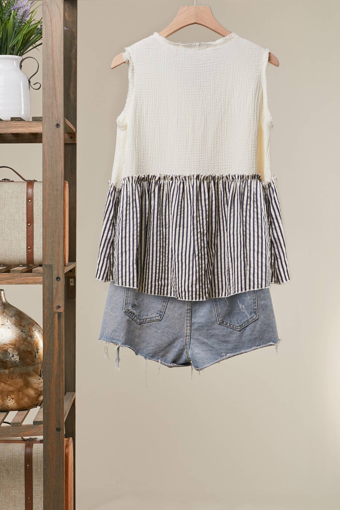 Striped Tiered Button Sleeveless Top