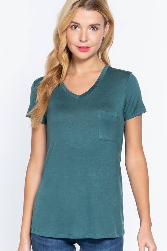 Short Sleeve V-neck Top with Pocket