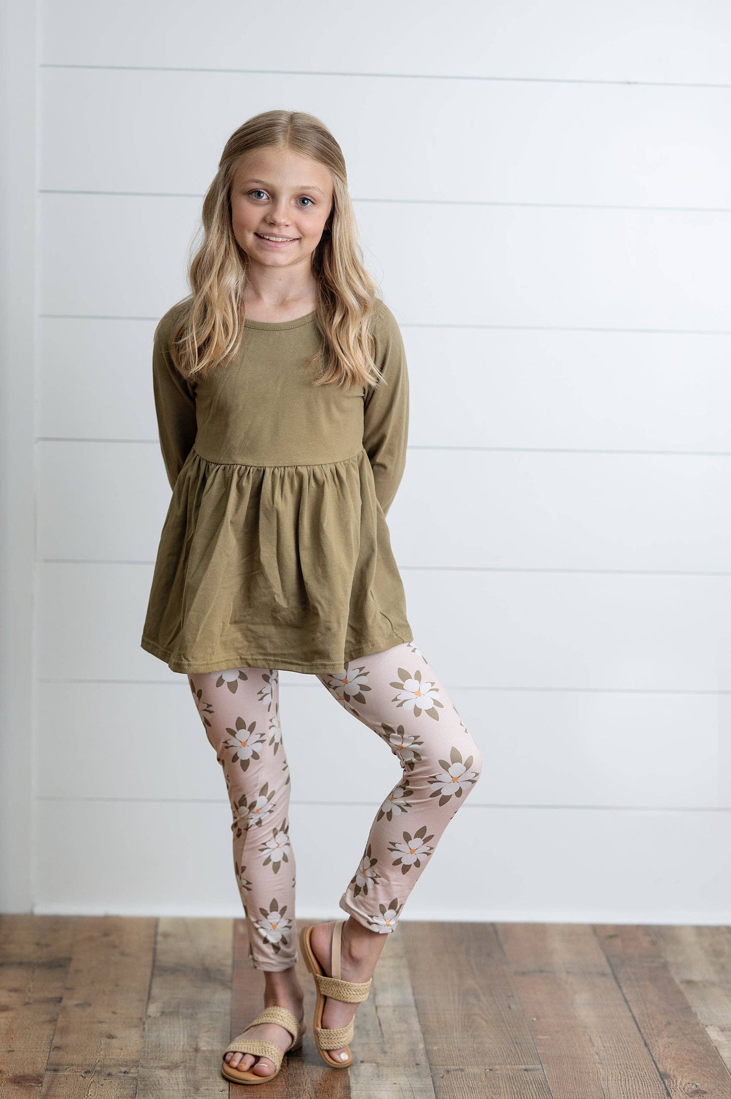 Girls Sage Green 3 Ruffles Shirt & Floral Leggings Set