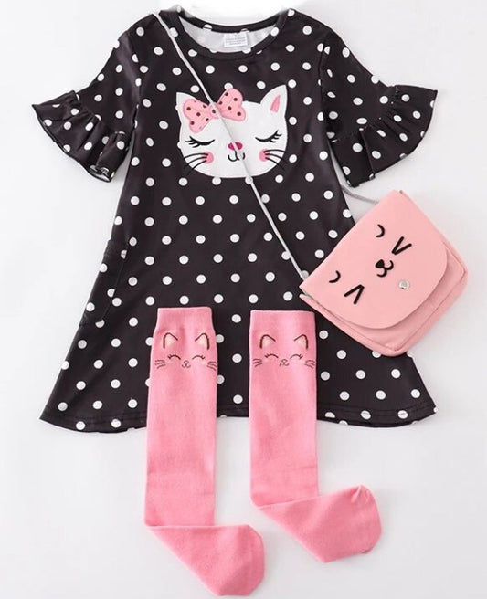 Polka Dot Cat Dress with Socks & Purse