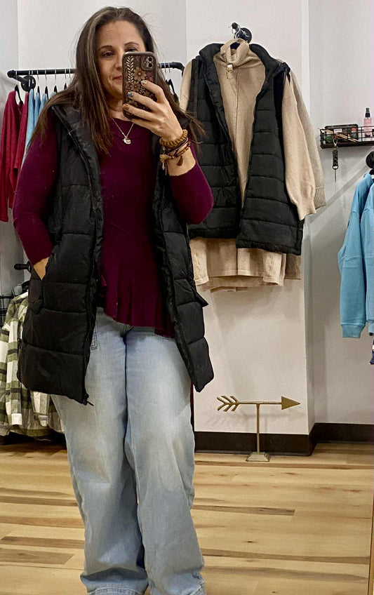 Longline Quilted Puffer Vest with Attached Hood