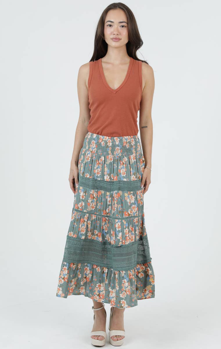 SMOCKED WAIST TIERED MAXI SKIRT