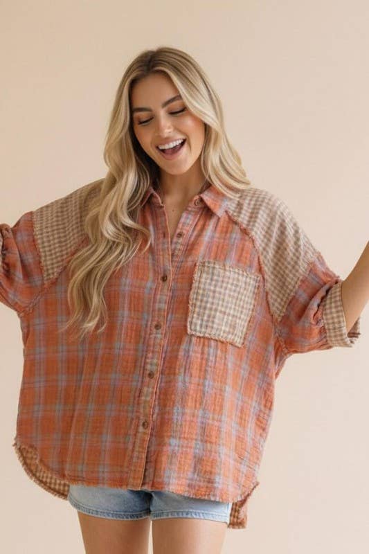 Button Up Raglan Plaid Color Block Shirt Top