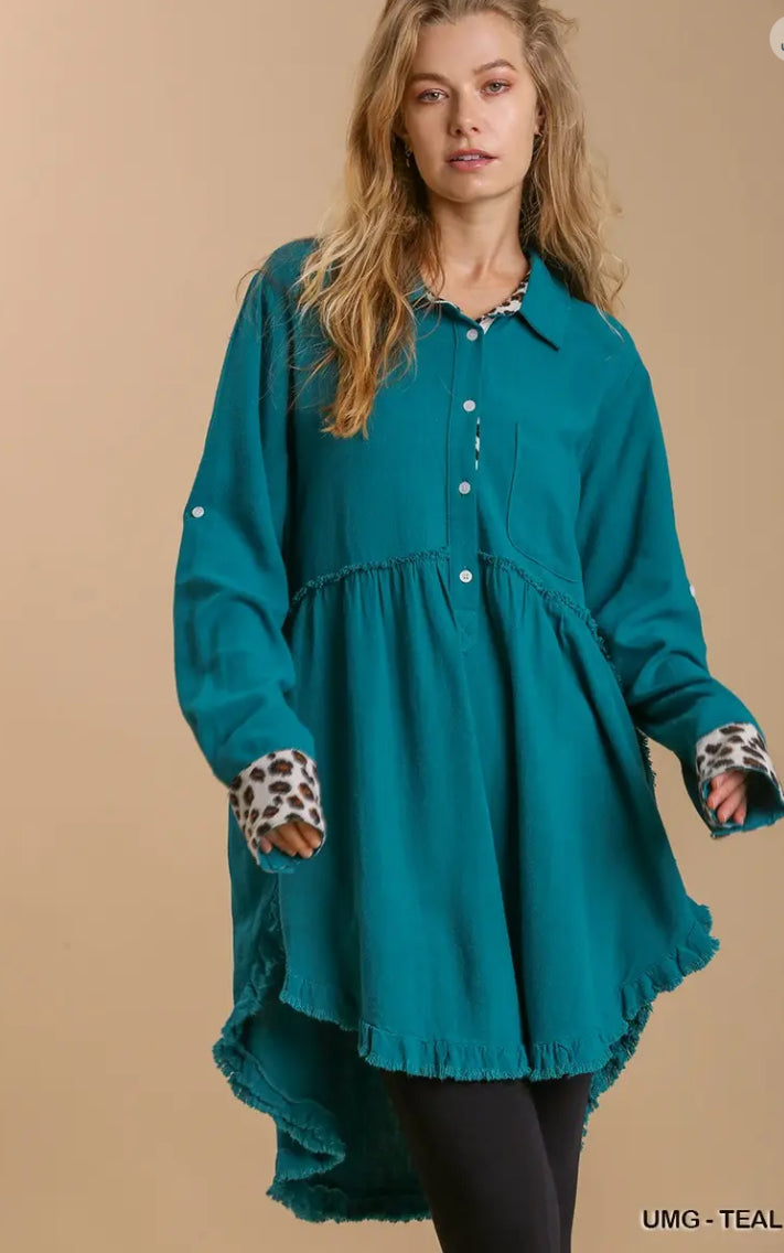 UMGEE Teal Linen Animal Print Tunic Dress