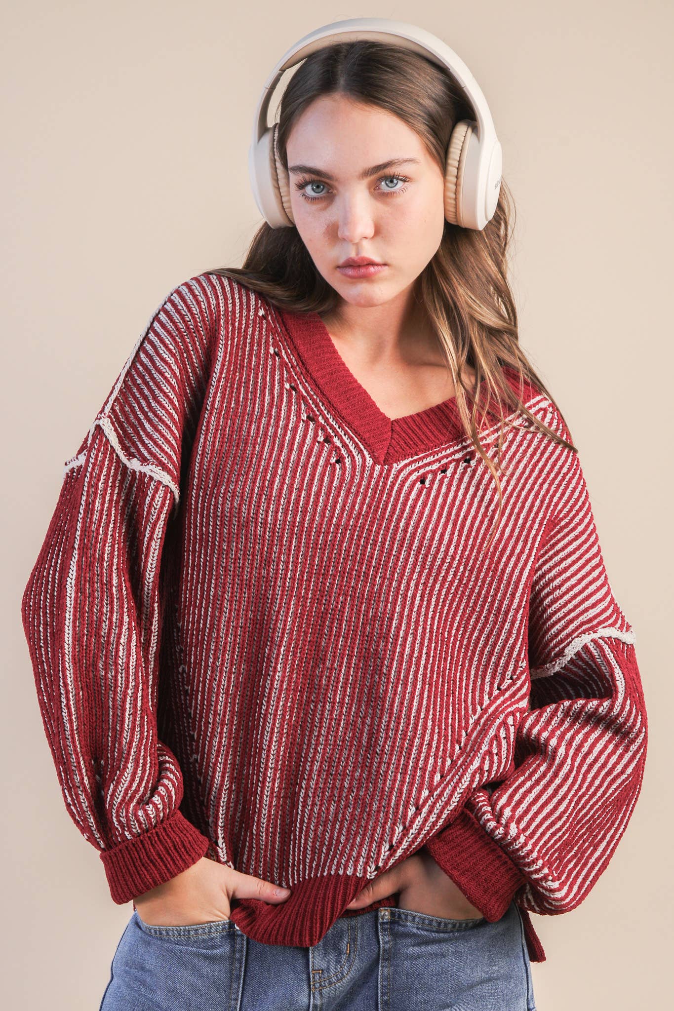 Oversized Two Tone Knit Casual Sweater Top