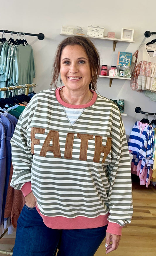 FAITH PATCHWORK STRIPED LONG SLEEVE SWEATSHIRT