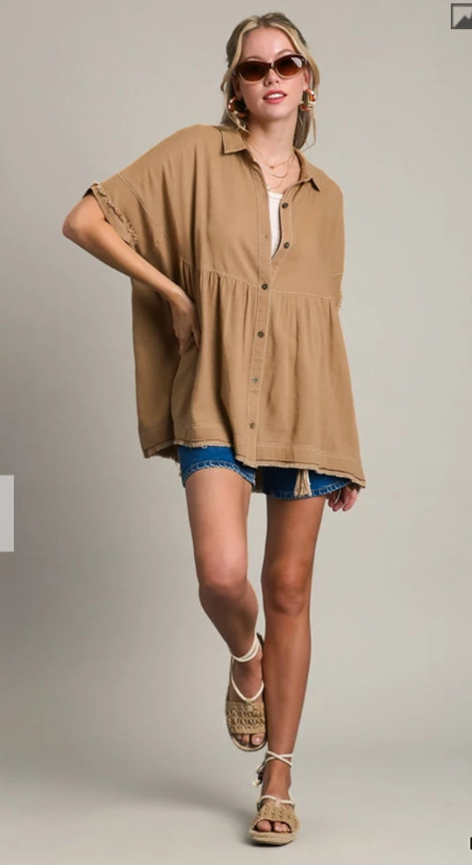 UMGEE - Linen Button Up With Side Slit and Frayed Hem