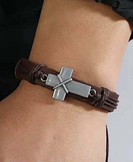 Leather Adjustable Cross Bracelet