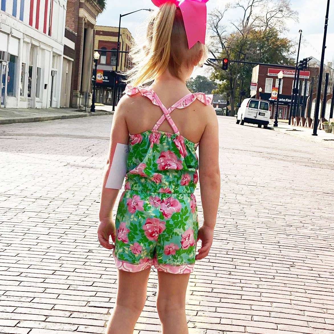 Girls Pink Green Floral Jumpsuit Romper