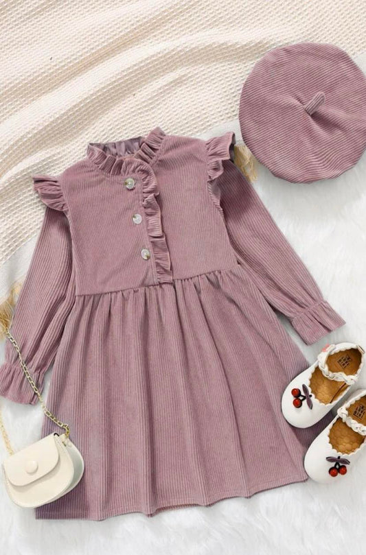 Corduroy Frill Trim Flounce Dress With Hat