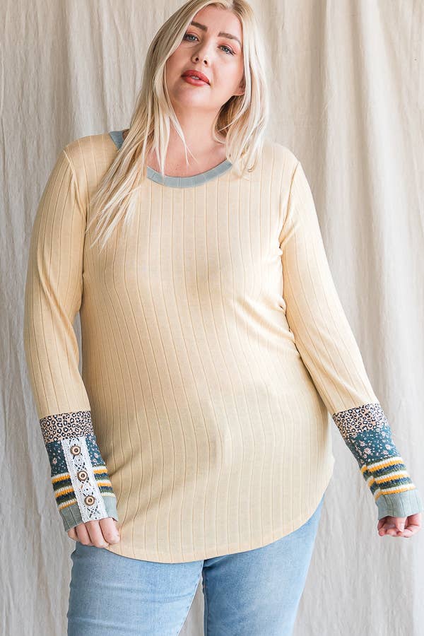 [PLUS SIZE] Casual Ribbed Knit Top with Lace Trim T4527XL