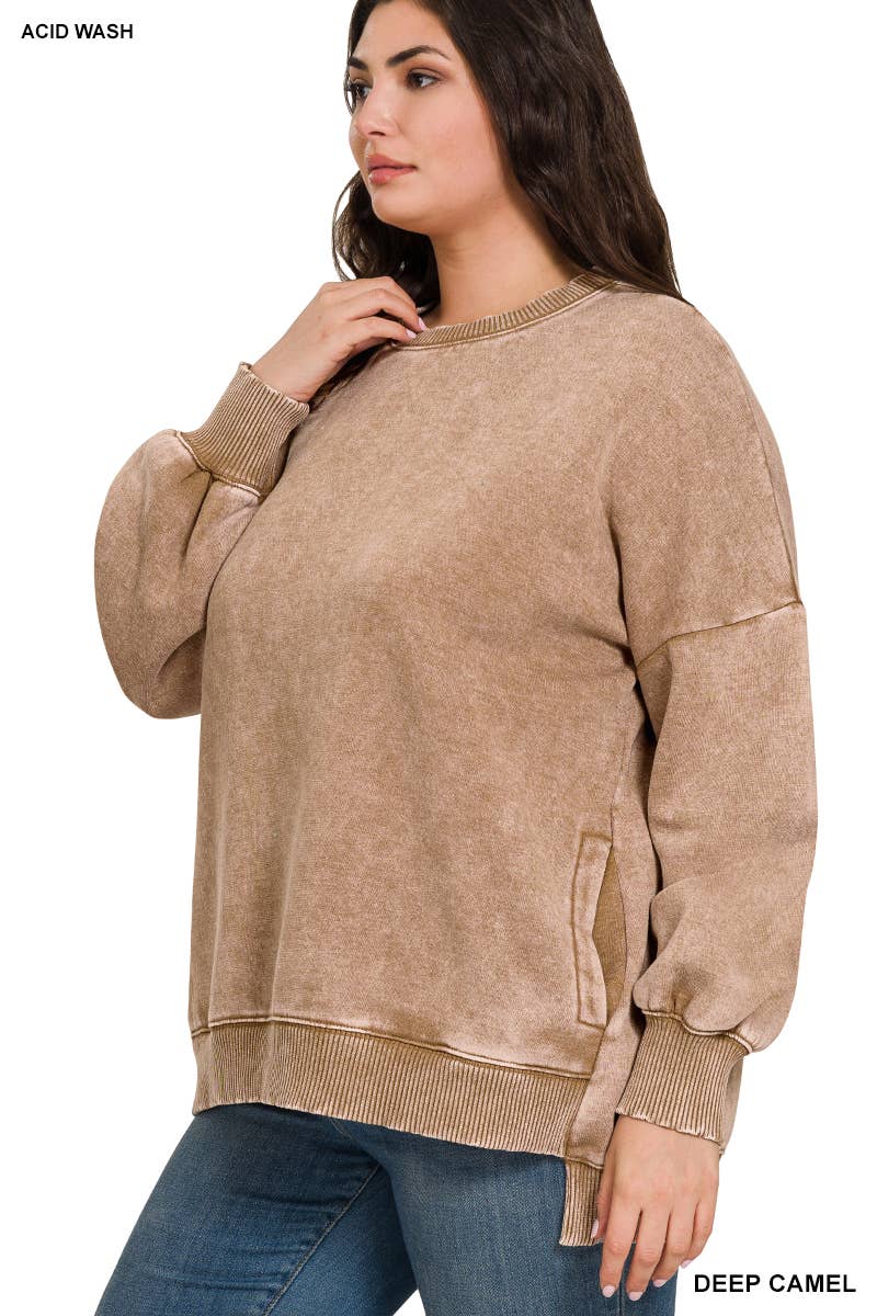 Washed Fleece Hi Low Hem Pullover Zenana