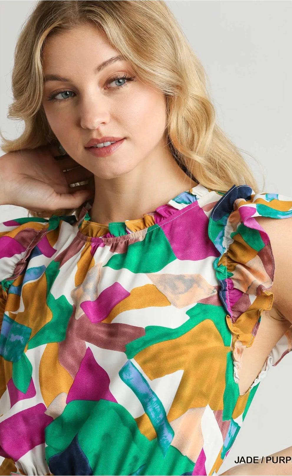 UMGEE Abstract Print Round Neck Tiered Dress with Ruffle Sleeves
