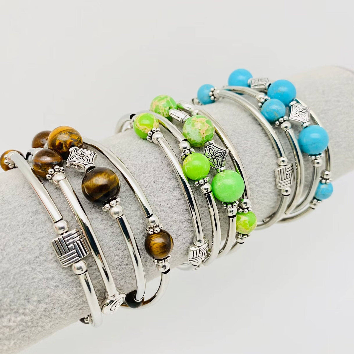 Natural Stone Beaded Wrap Bracelet Stretch Bangle - CS