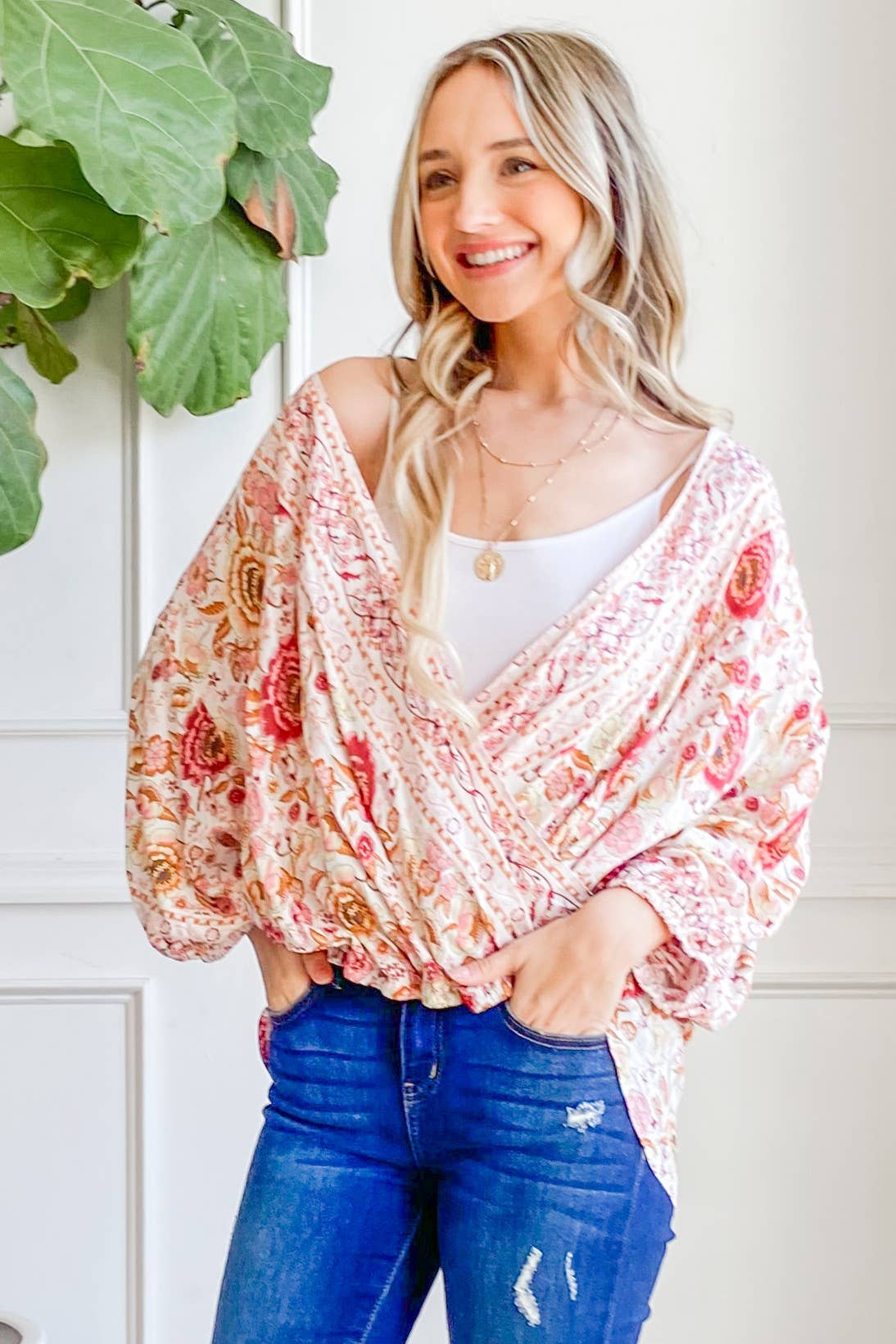 ATW13094 - Overlap Unbalance Floral Print Wrap Top