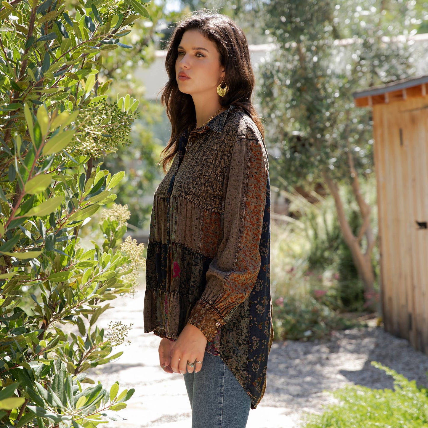 Front-Open Boho Shirt with Quilted Emb & Rayon Tiers