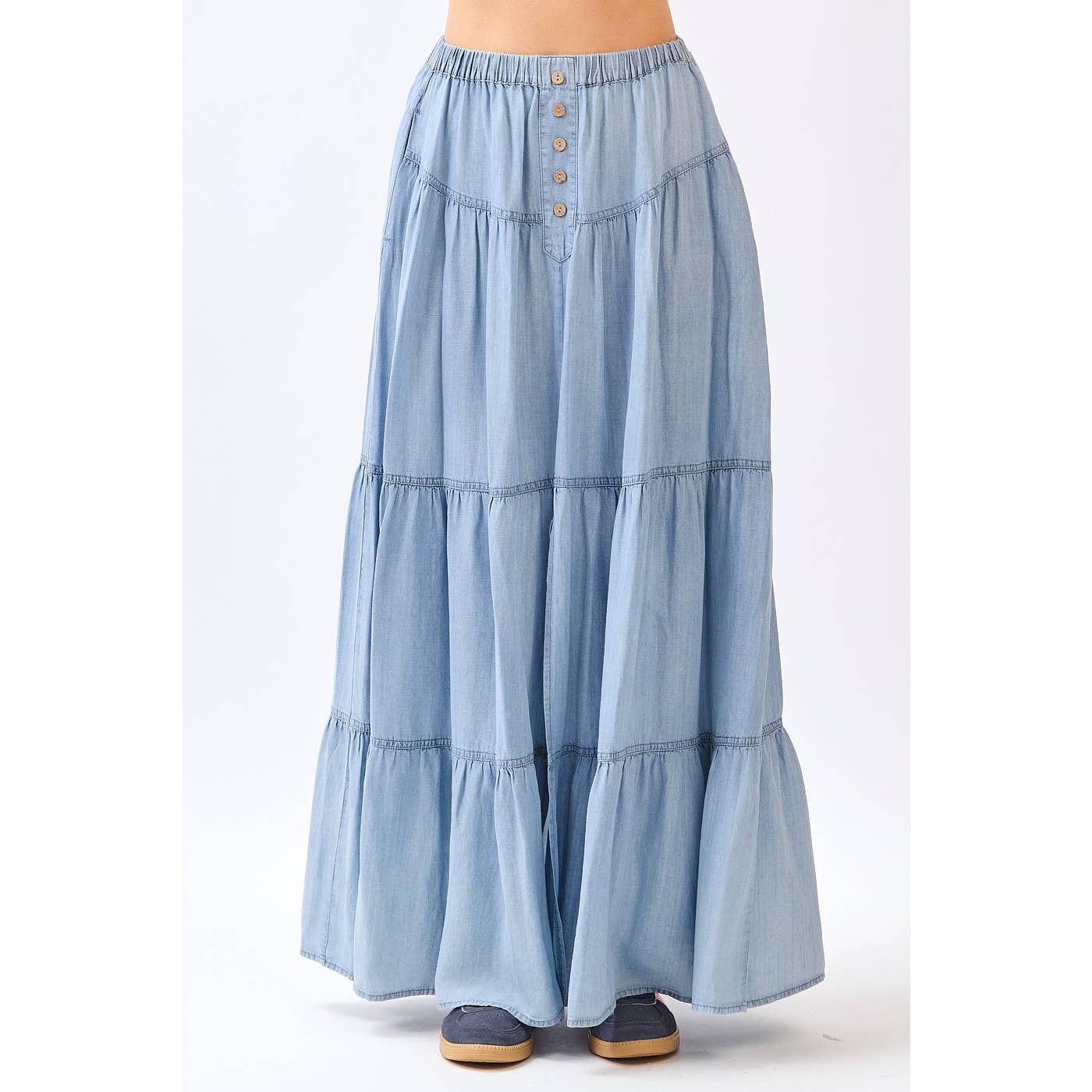 WASHED CHAMBRAY BUTTON FRONT TIERED MAXI SKIRT