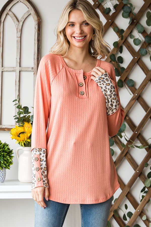 Casual Knit Leopard Print Contrast Button Detail Top T4994