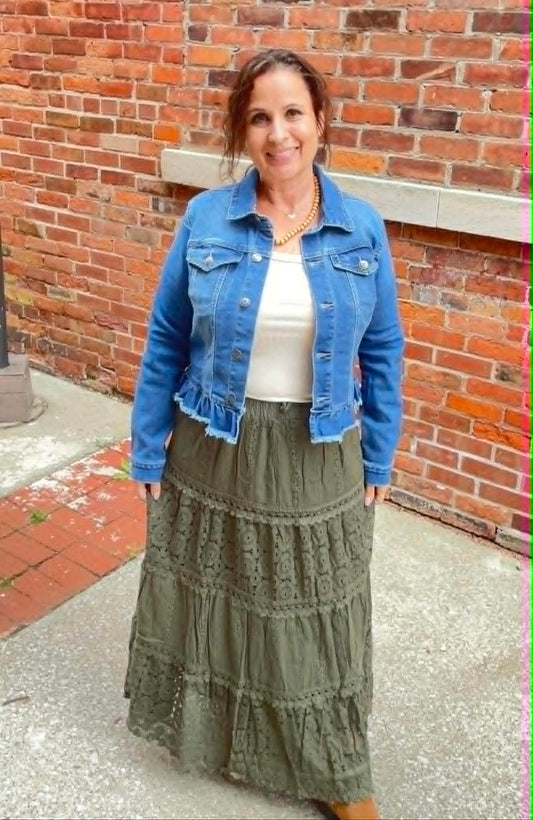 Elastic Waist Maxi Skirt with Lace Trim