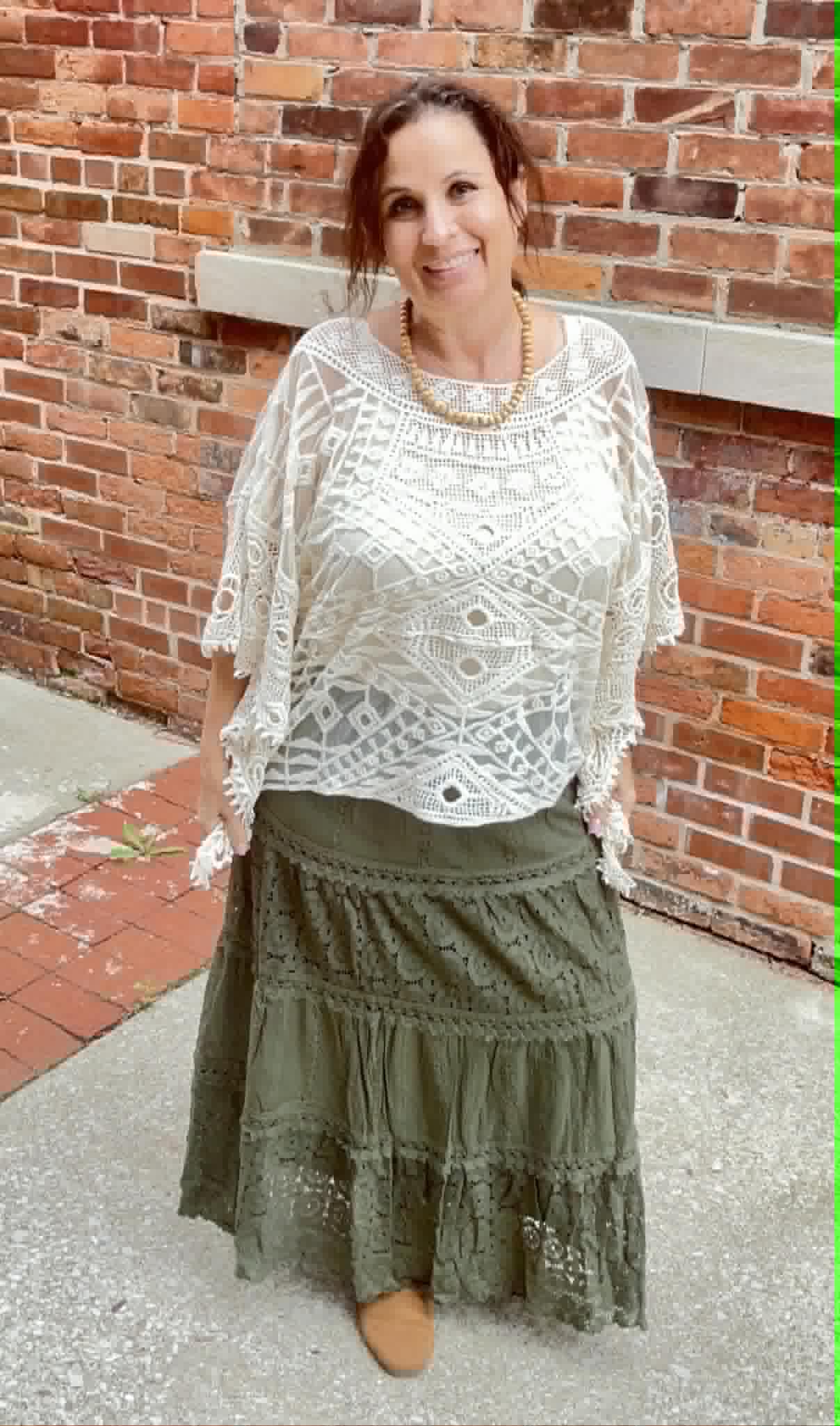 Elastic Waist Maxi Skirt with Lace Trim