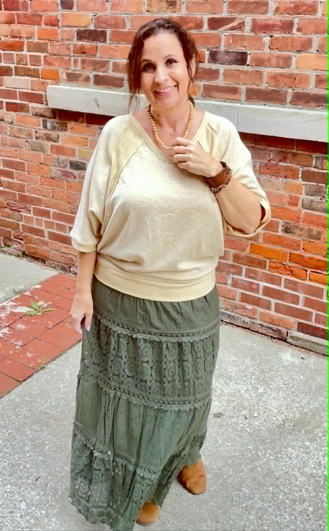 Elastic Waist Maxi Skirt with Lace Trim