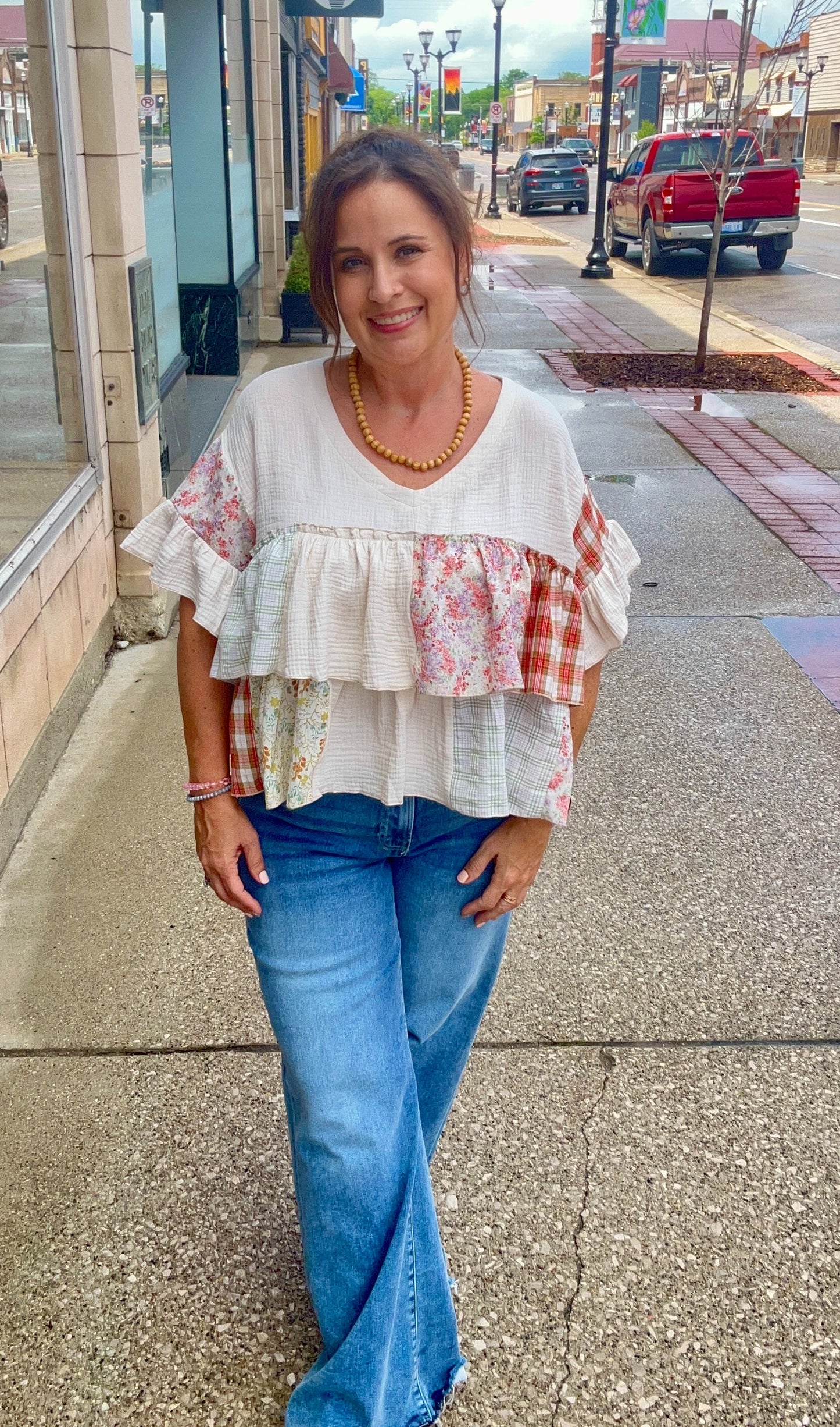 Vintage Patchwork Ruffle Hem Top