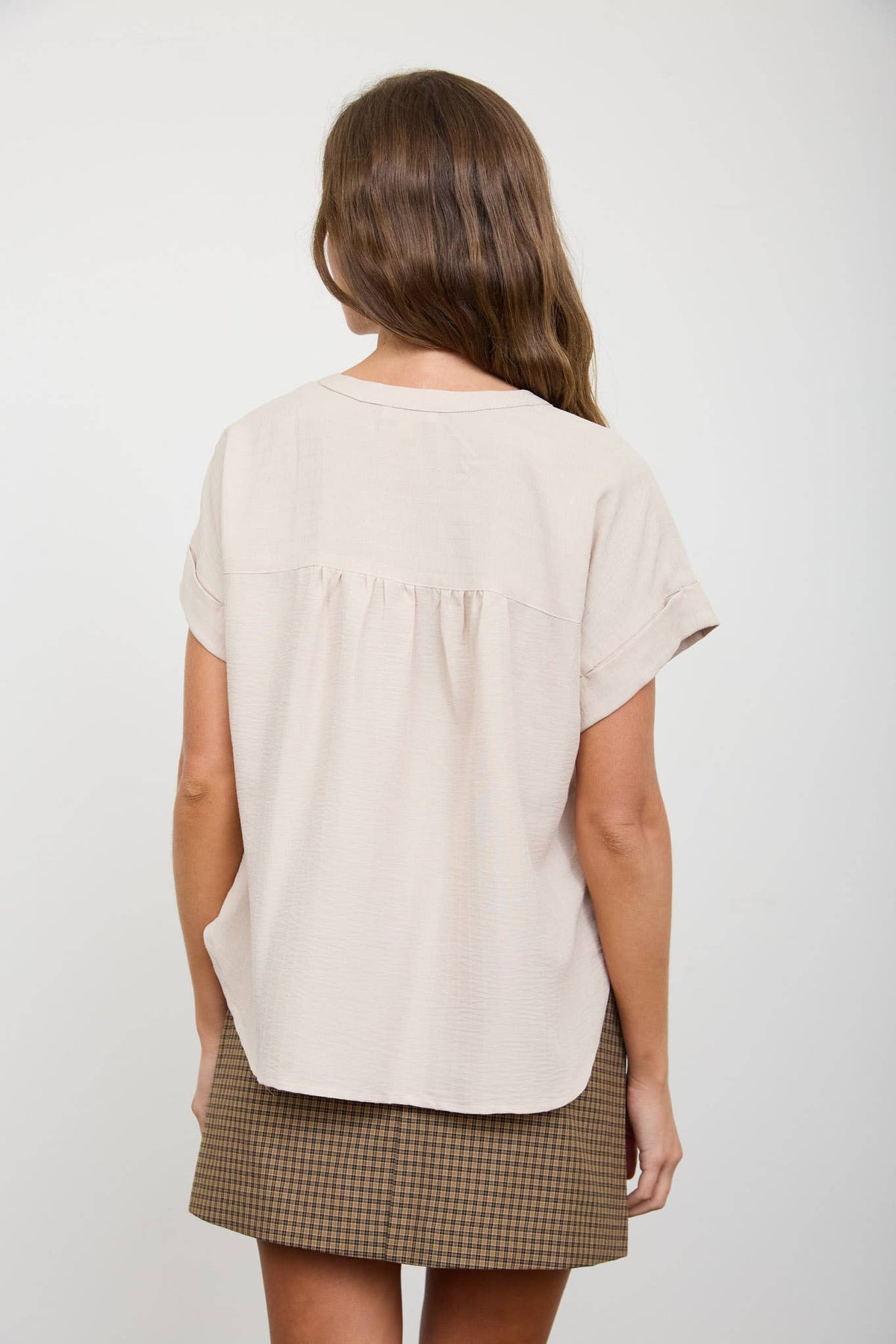 Stripe Texture Henley Button Short Sleeve Top