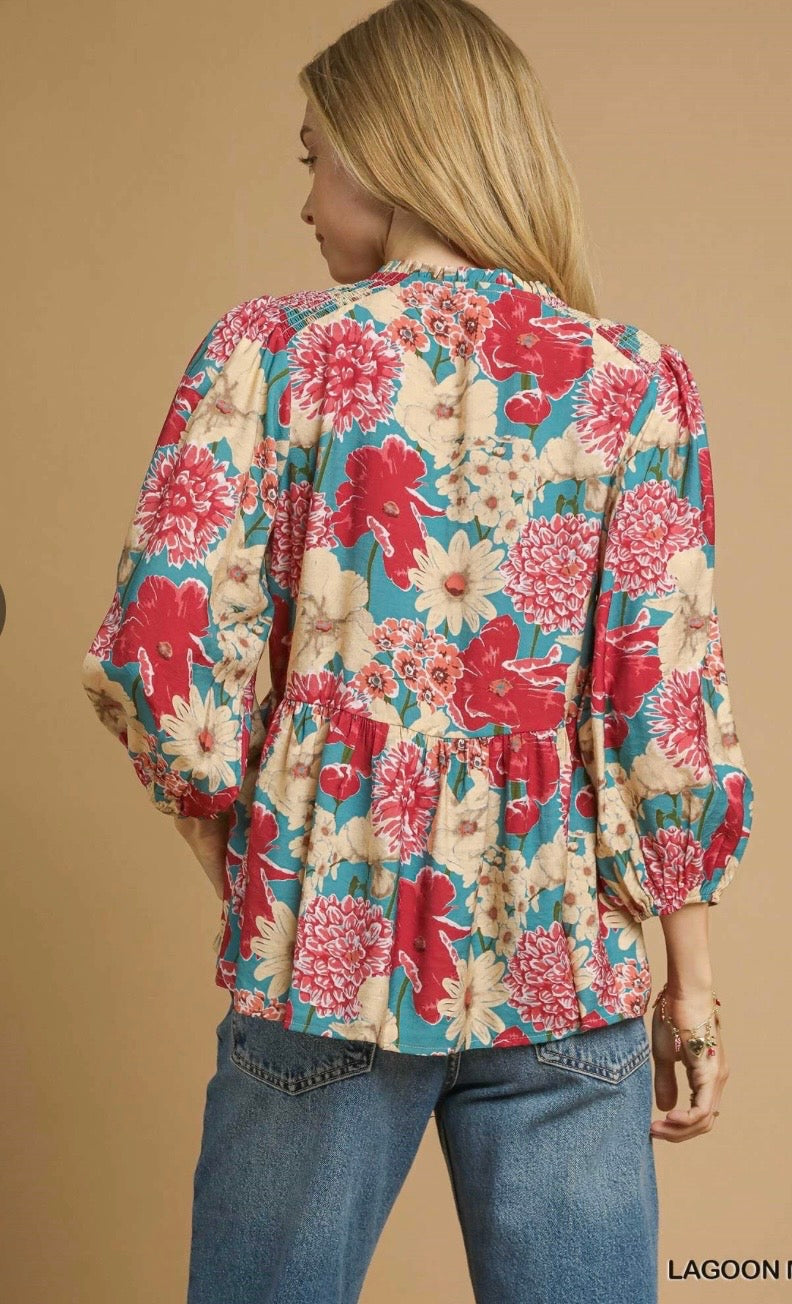 Mix Floral Peplum Blouse with Tie Neck