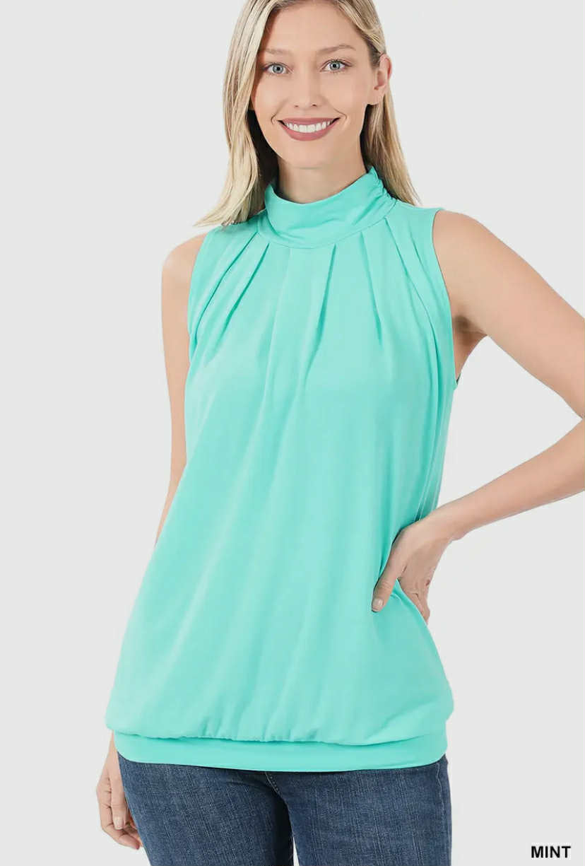 Pleated Mock Neck Blouson Top