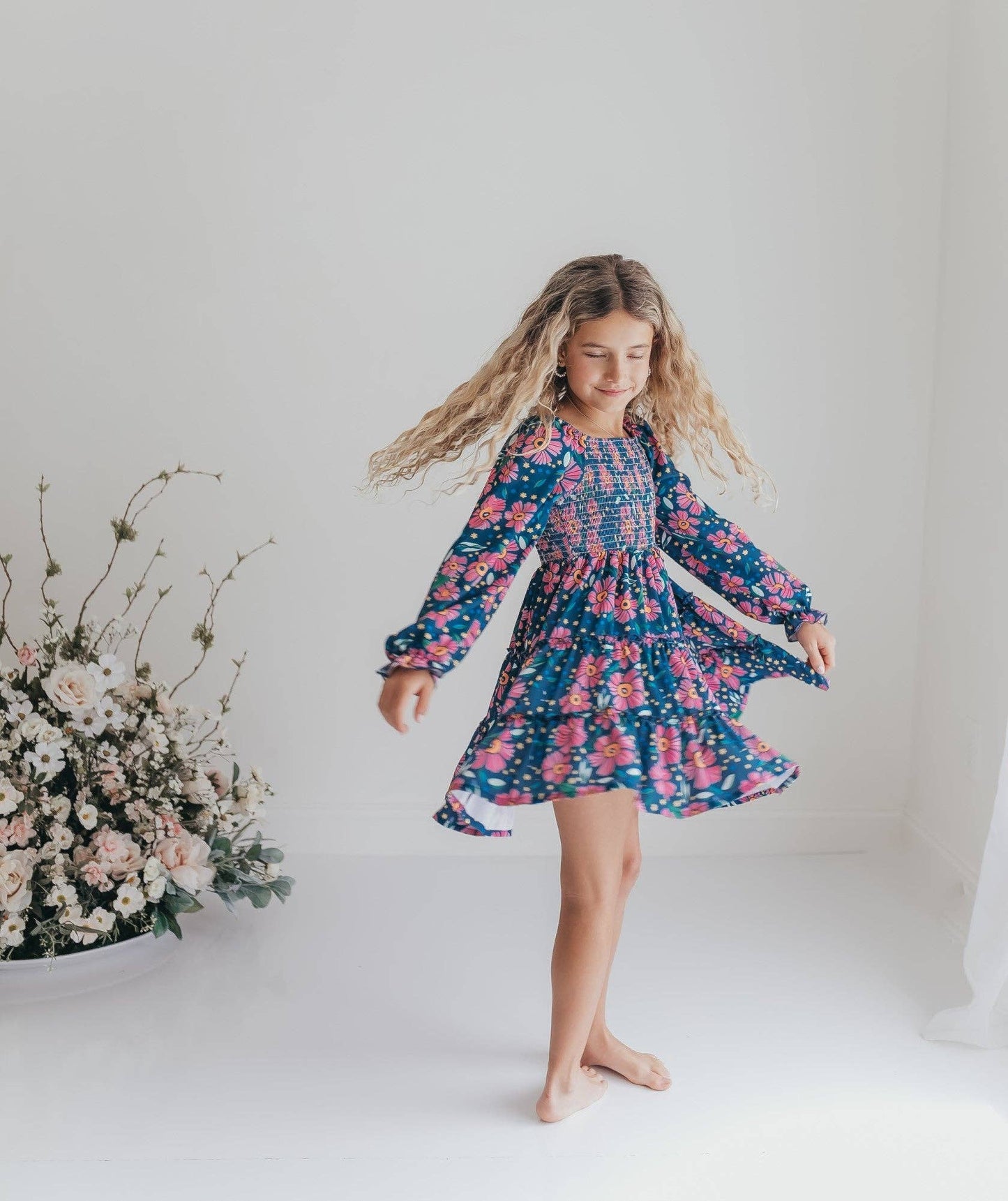 Girls Grace Blue & Pink Flower 3 Tiered Smocked Dress