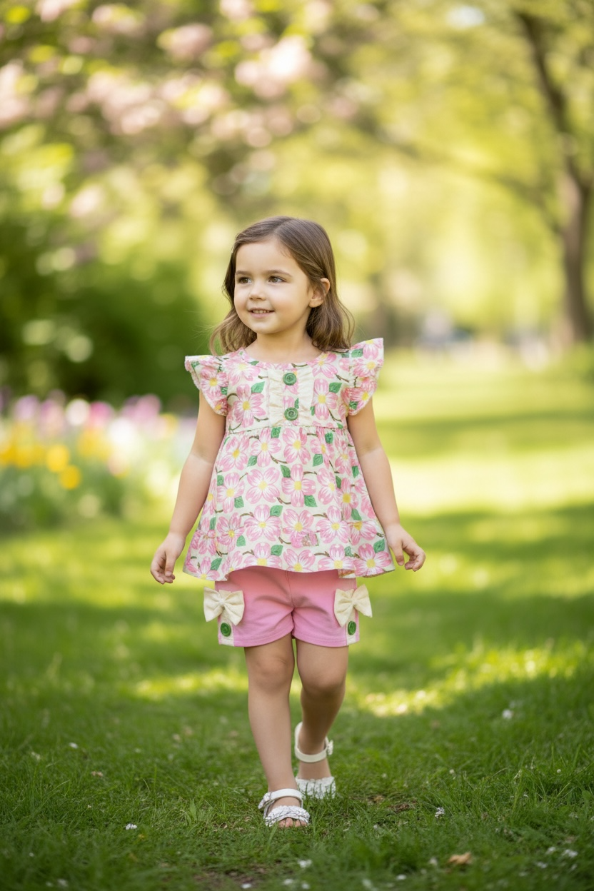 Pink floral tunic with pink shorts