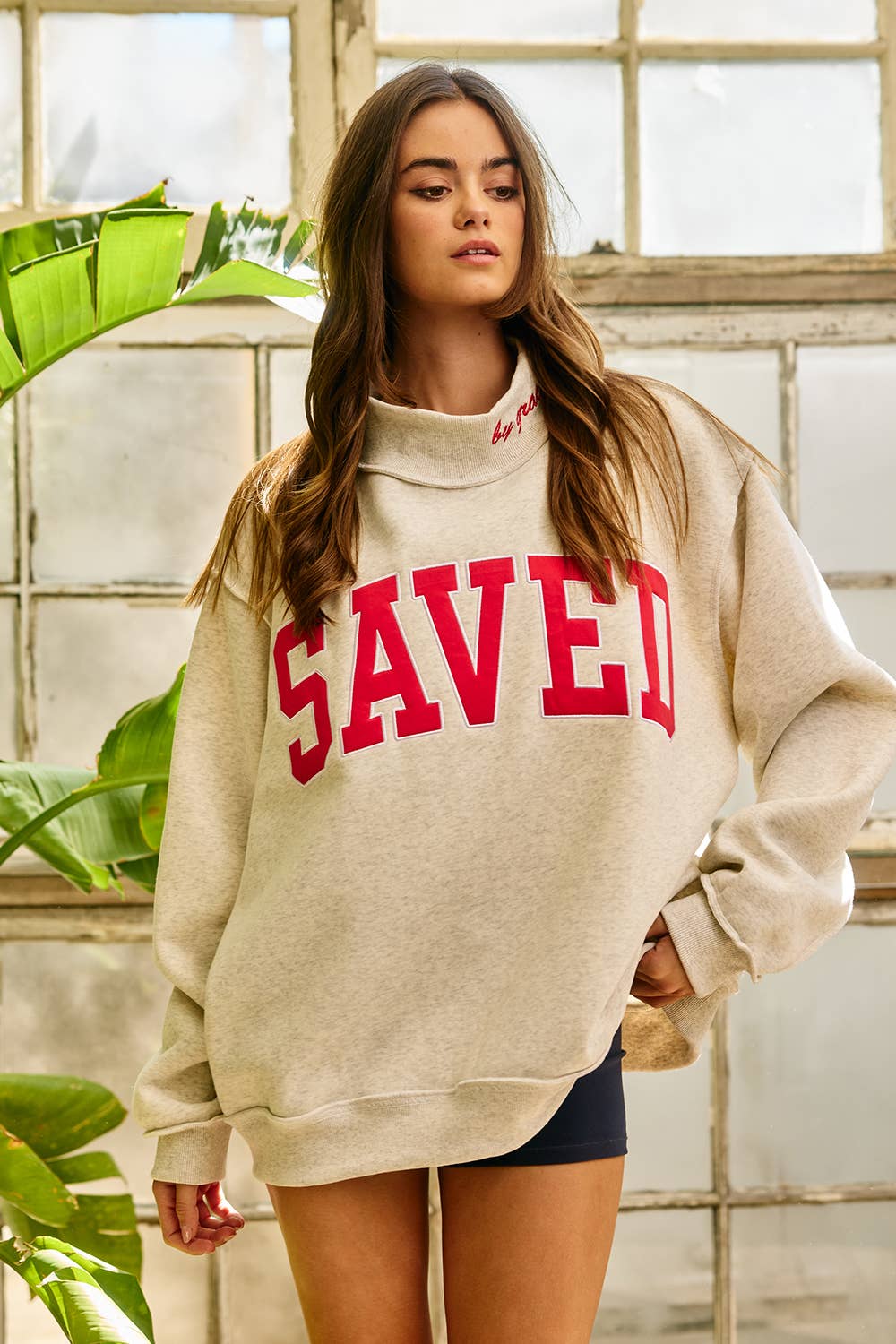 IT2594E-SAVED Embroidered "SAVED" Mock Neck Sweatshirt
