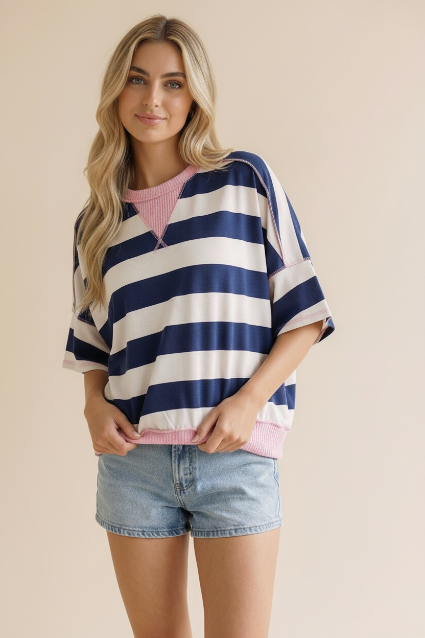 Flutter Elbow Sleeve Stripe French Terry Top