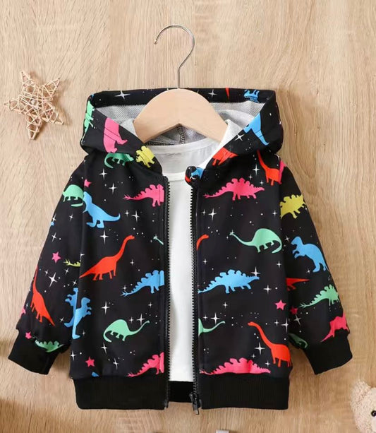 Black Multi Color Dinosaur Zip Up Hoodie