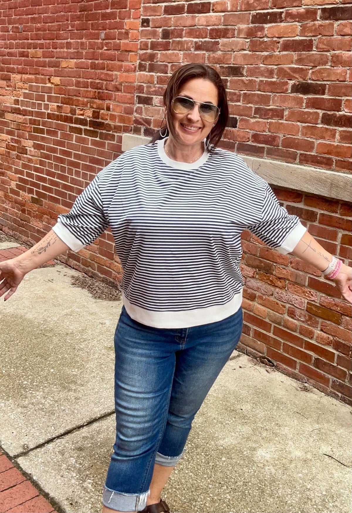 Striped Contrast Trim Banded Bottom Top - Zenana