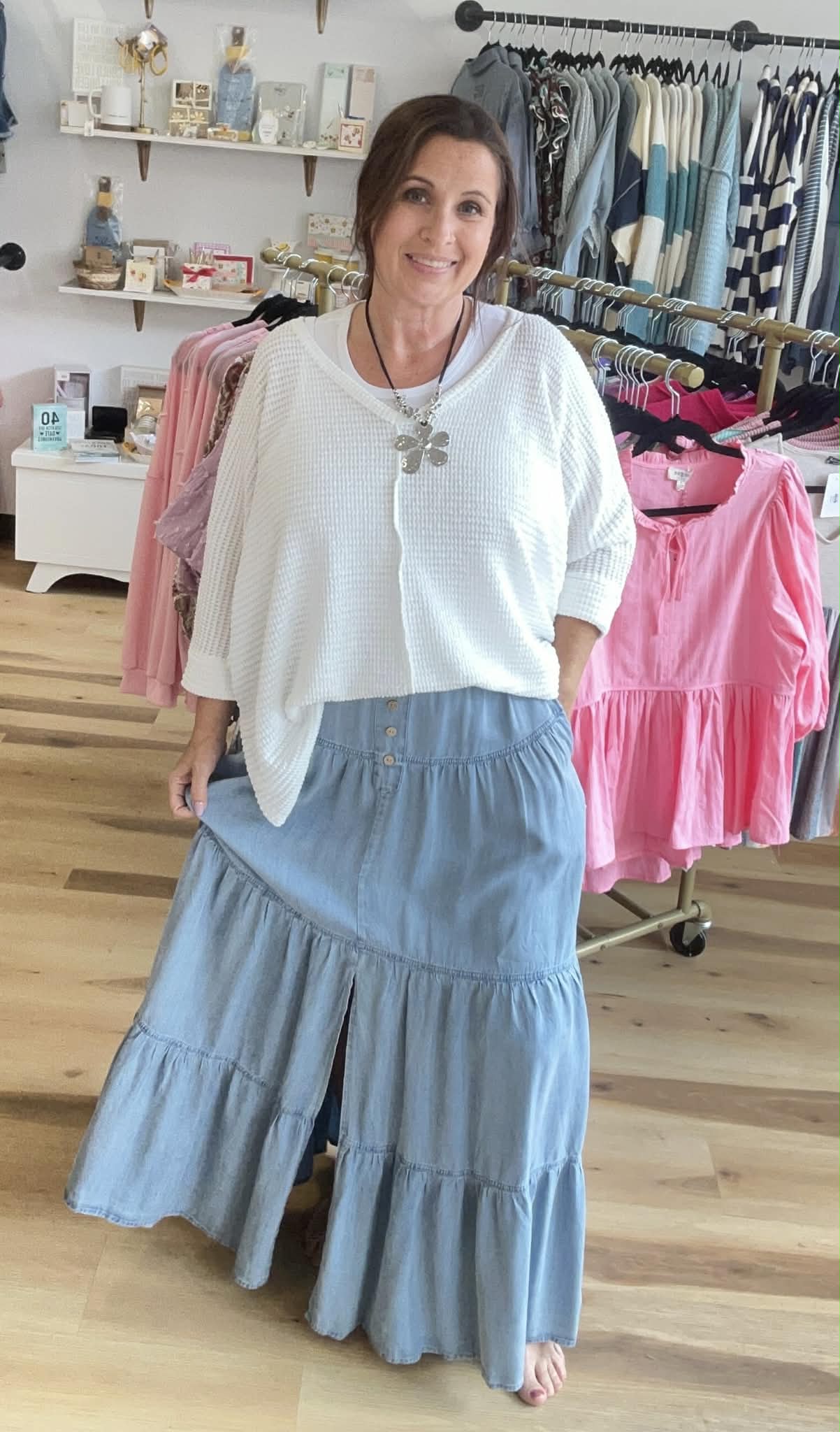 WASHED CHAMBRAY BUTTON FRONT TIERED MAXI SKIRT