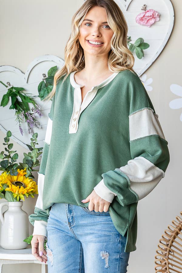 Cotton Button Front Drop Shoulder Side Slit Pullover T5410