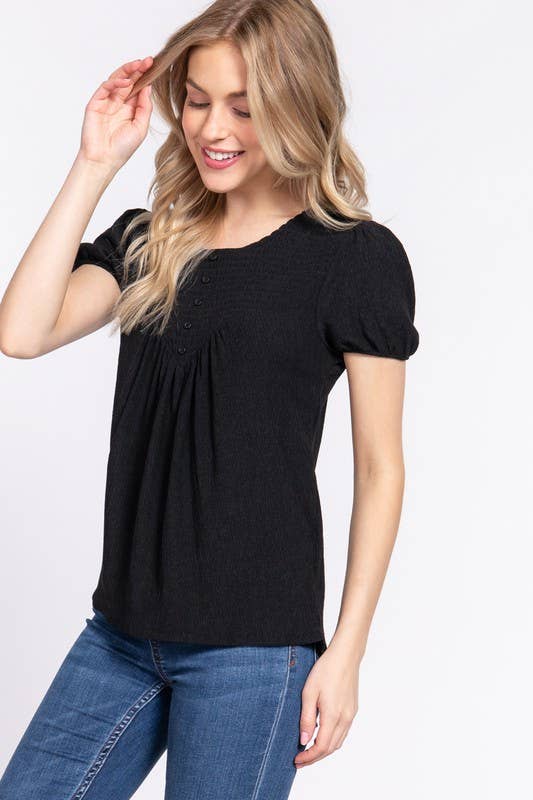 Short Sleeve Round Neck Front Button & Smocking
