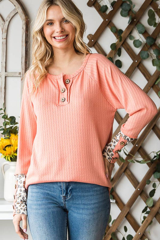 Casual Knit Leopard Print Contrast Button Detail Top T4994