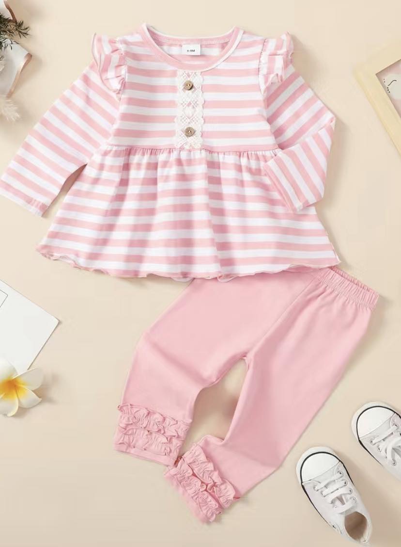 Stripes & Ruffle Pants Set - 2 colors