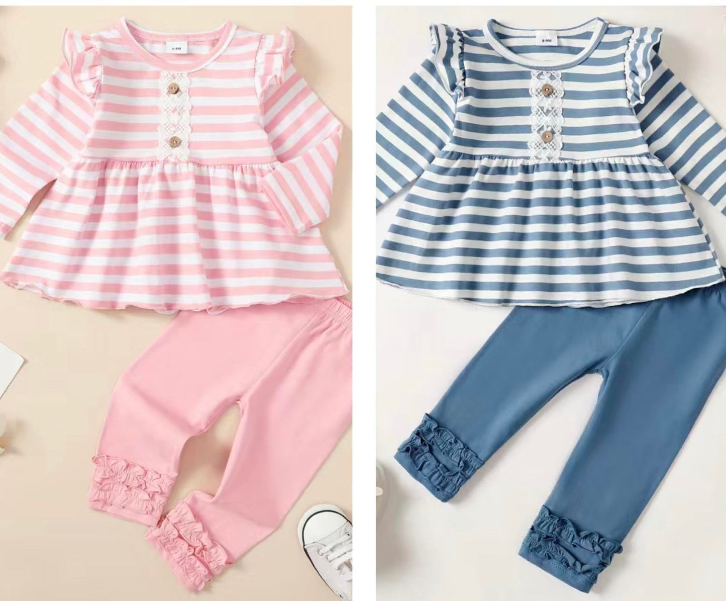 Stripes & Ruffle Pants Set - 2 colors