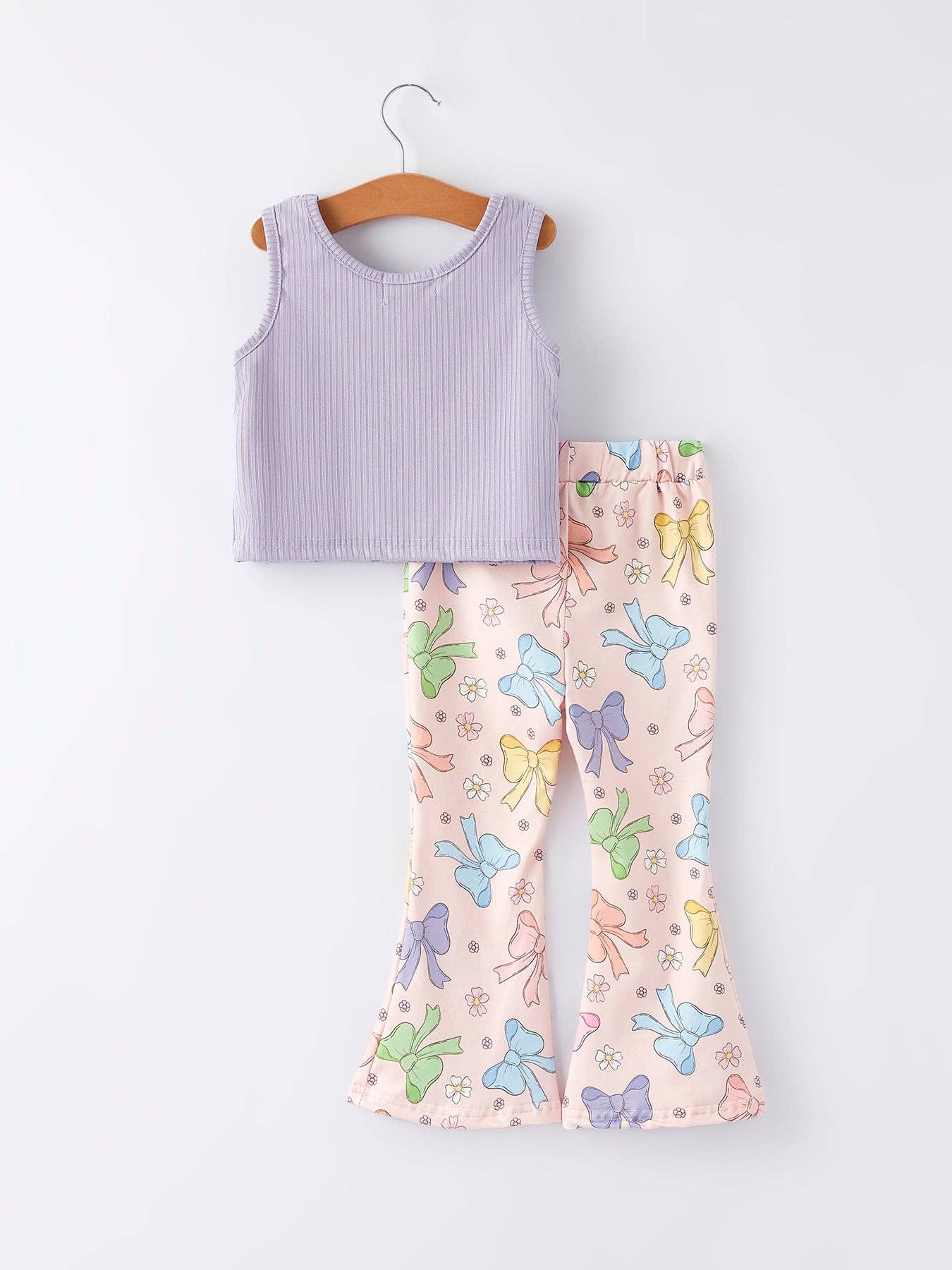 Purple Girls Top Bow Floral Print Bell Bottom Pants Set