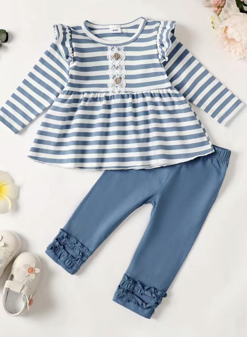 Stripes & Ruffle Pants Set - 2 colors